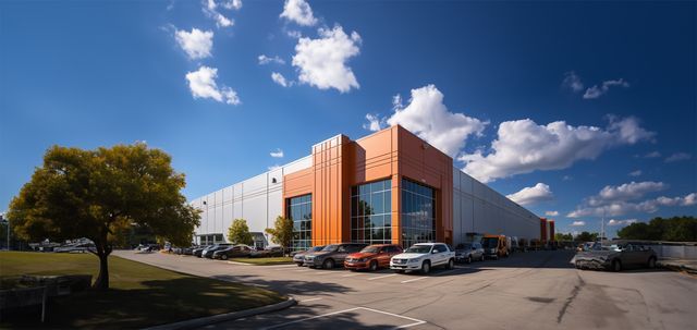 A large commercial building with an orange accent facade under a bright blue sky with white clouds; cars are parked in front.
