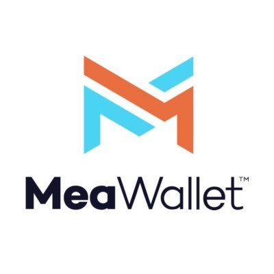 Ein Logo für ein Unternehmen namens Meawallet mit einem blauen und orangefarbenen M auf weißem Hintergrund.