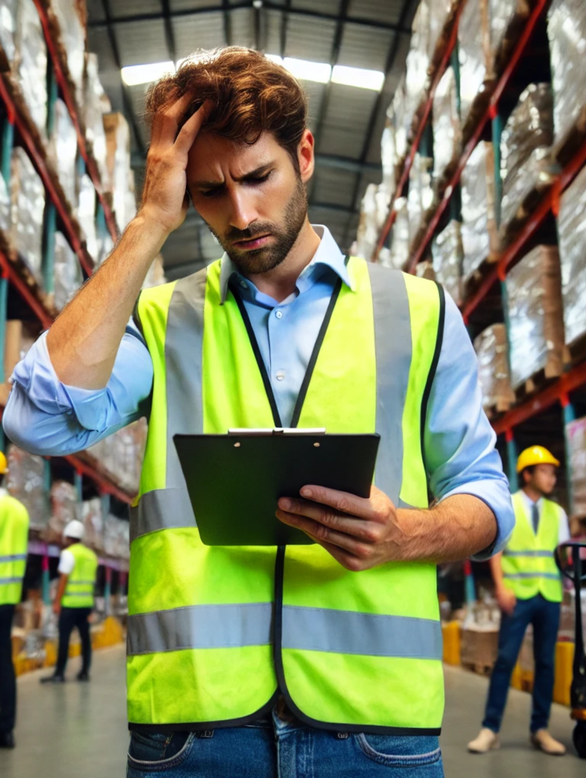 Worker in a high-visibility vest reviewing a clipboard in a warehouse, looking stressed.