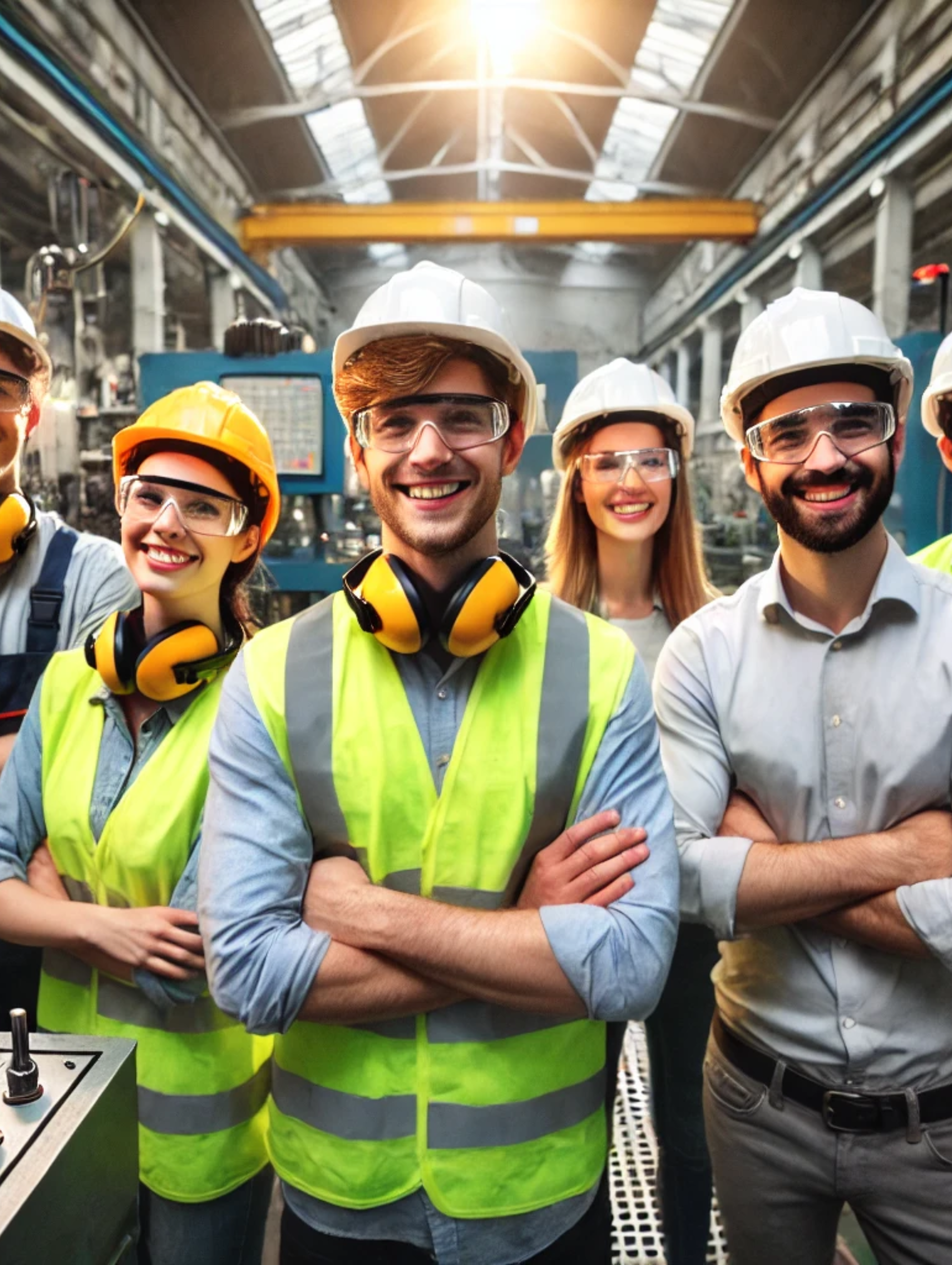 Four factory workers in hard hats and safety vests standing together in an industrial workshop