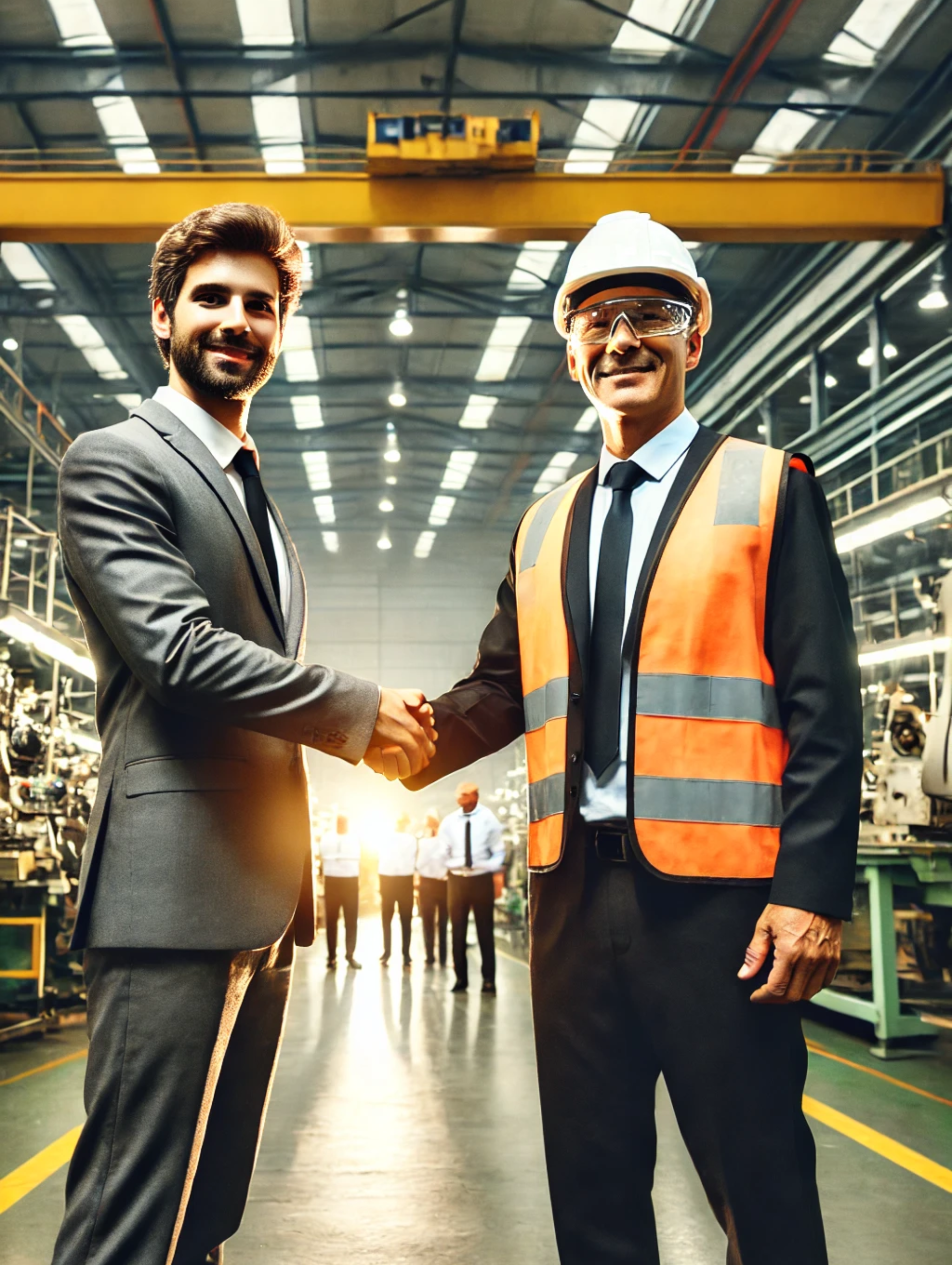 Two workers in a factory handshake, wearing suits and safety vests under bright industrial lights.