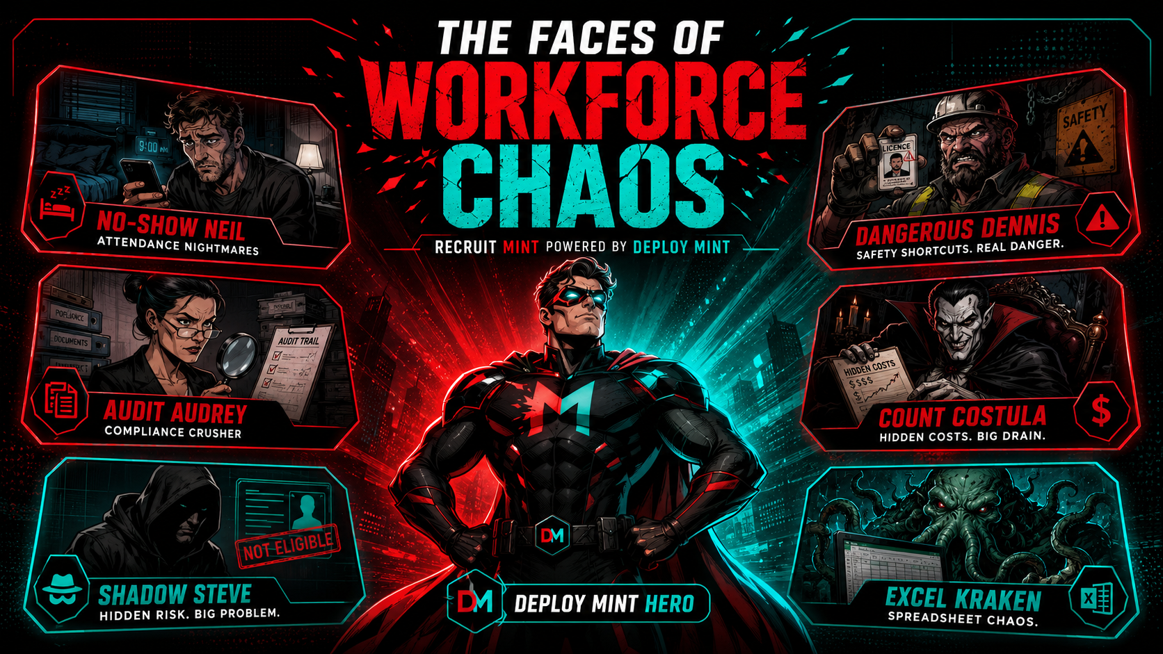 The faces of workforce chaos featuring Deploy Mint Hero and workforce chaos villains