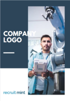 Male technician holding a tablet in an industrial facility beside a robotic arm, with company logo text.