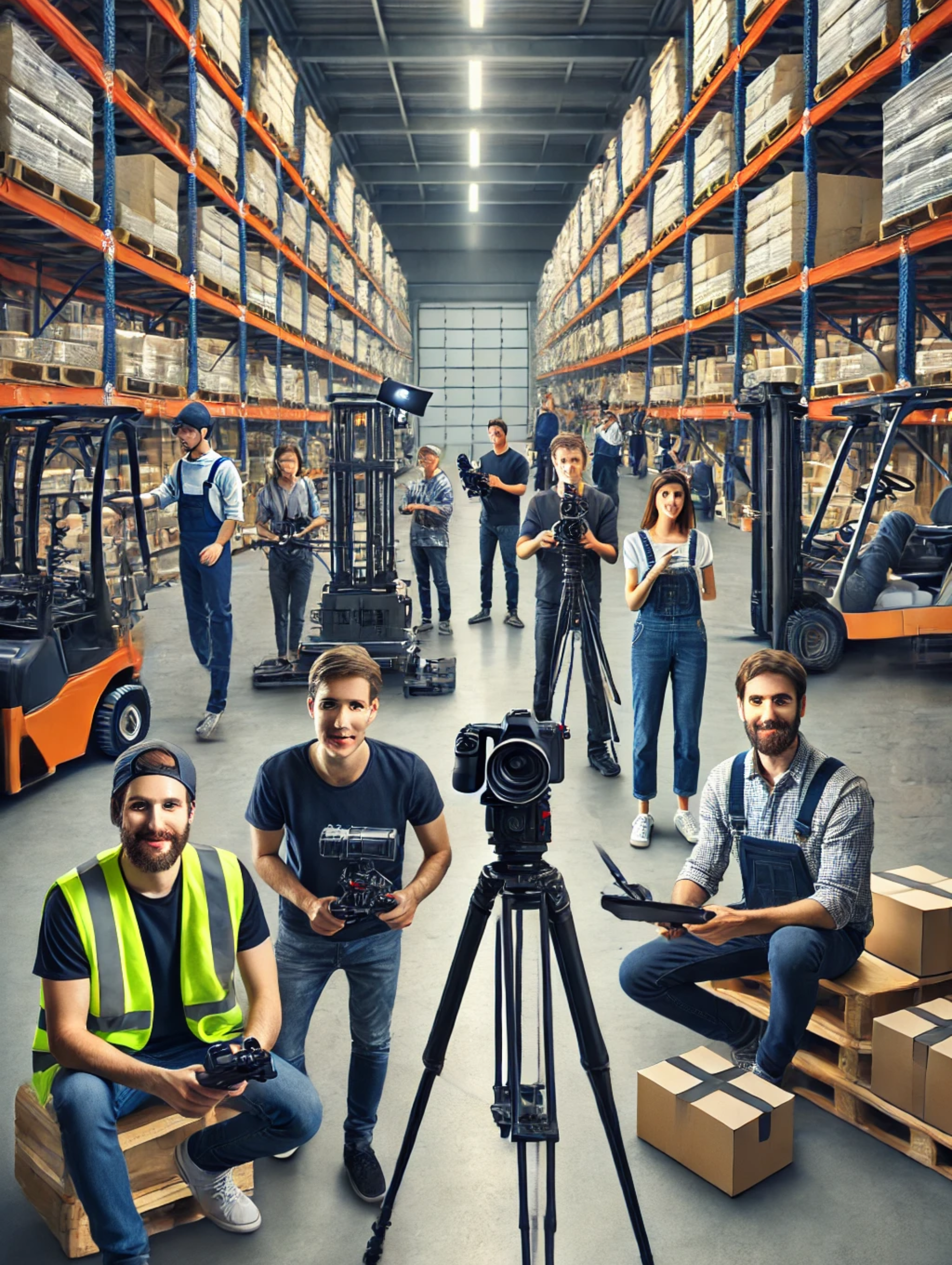 Warehouse team with orange forklifts and camera on tripod in aisle, people posing among stacked pallets