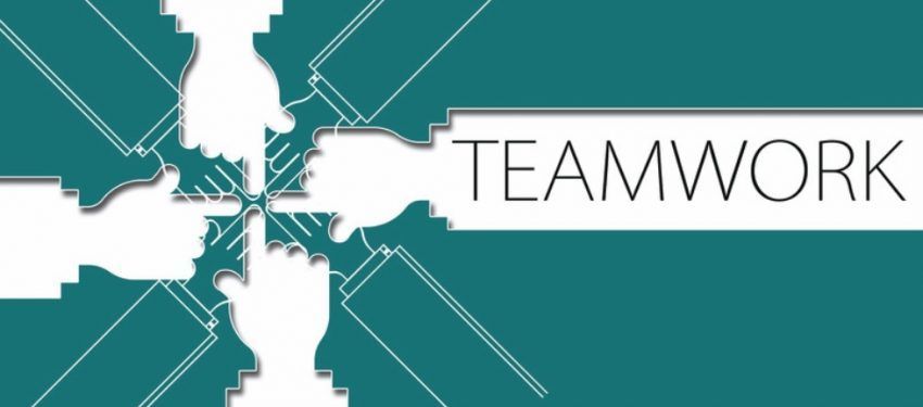 Teal graphic with white arrows pointing inward and the word “TEAMWORK” across the center