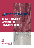 Noatum Logistics Temporary Worker Handbook cover in red and white with warehouse aisle photo and recruitmint logo