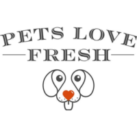 Logo with text “PETS LOVE FRESH” above a dog face icon with a red heart nose