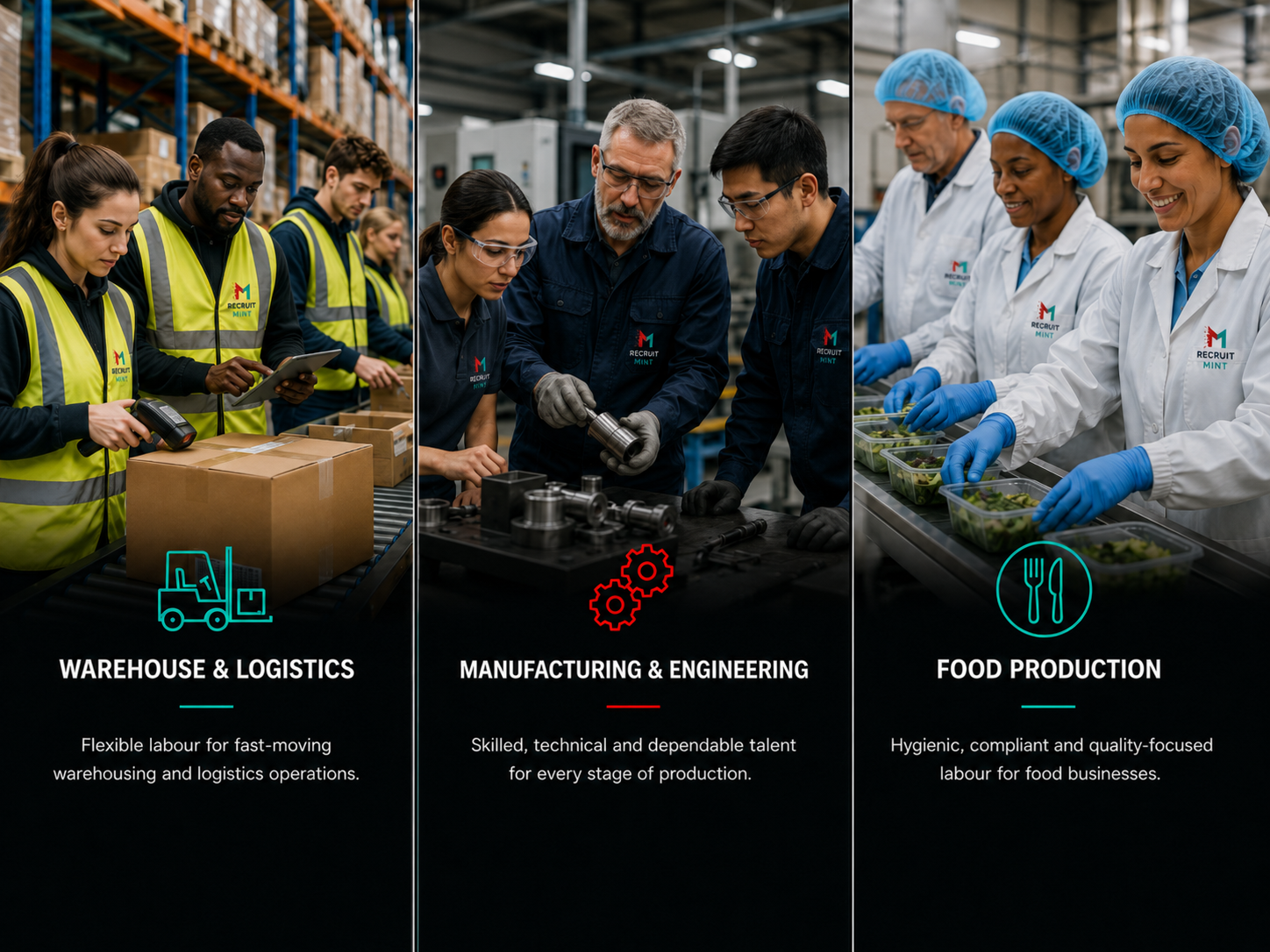 Recruit Mint sectors: warehouse and logistics, manufacturing and engineering, food production