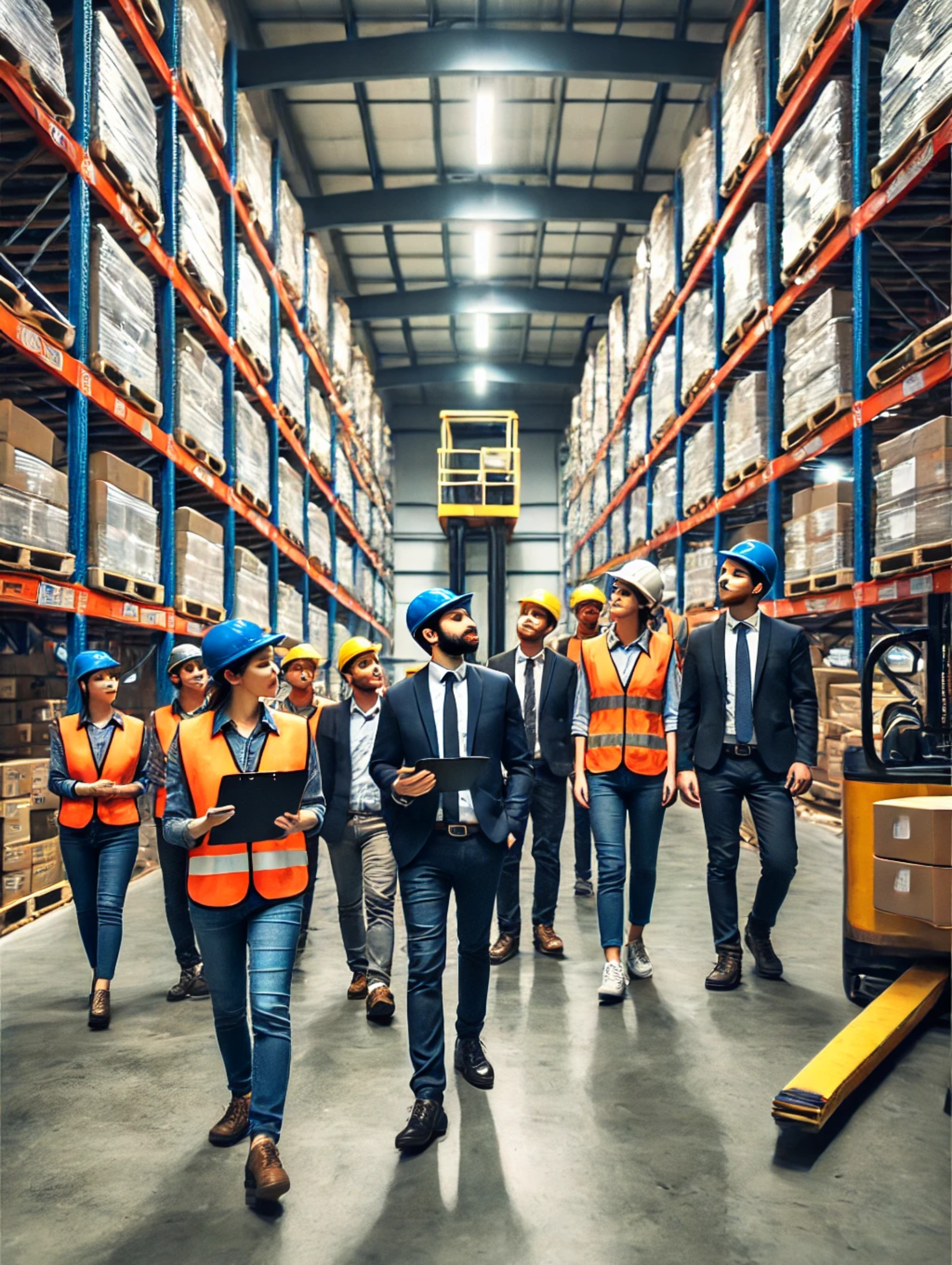 Workers and managers walk through a warehouse aisle with tall shelves and stacked boxes.