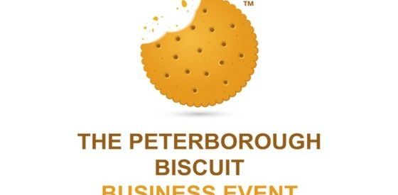 Logo for The Peterborough Biscuit Business Event with a bitten yellow biscuit icon