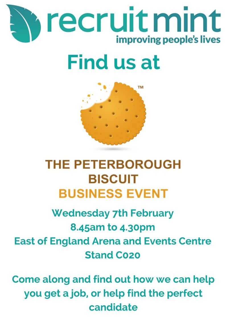 Recruit Mint poster for the Peterborough Biscuit Business Event, with biscuit graphic and event details.