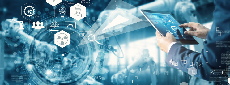 Businessman using tablet with digital network icons and globe in blue tech interface