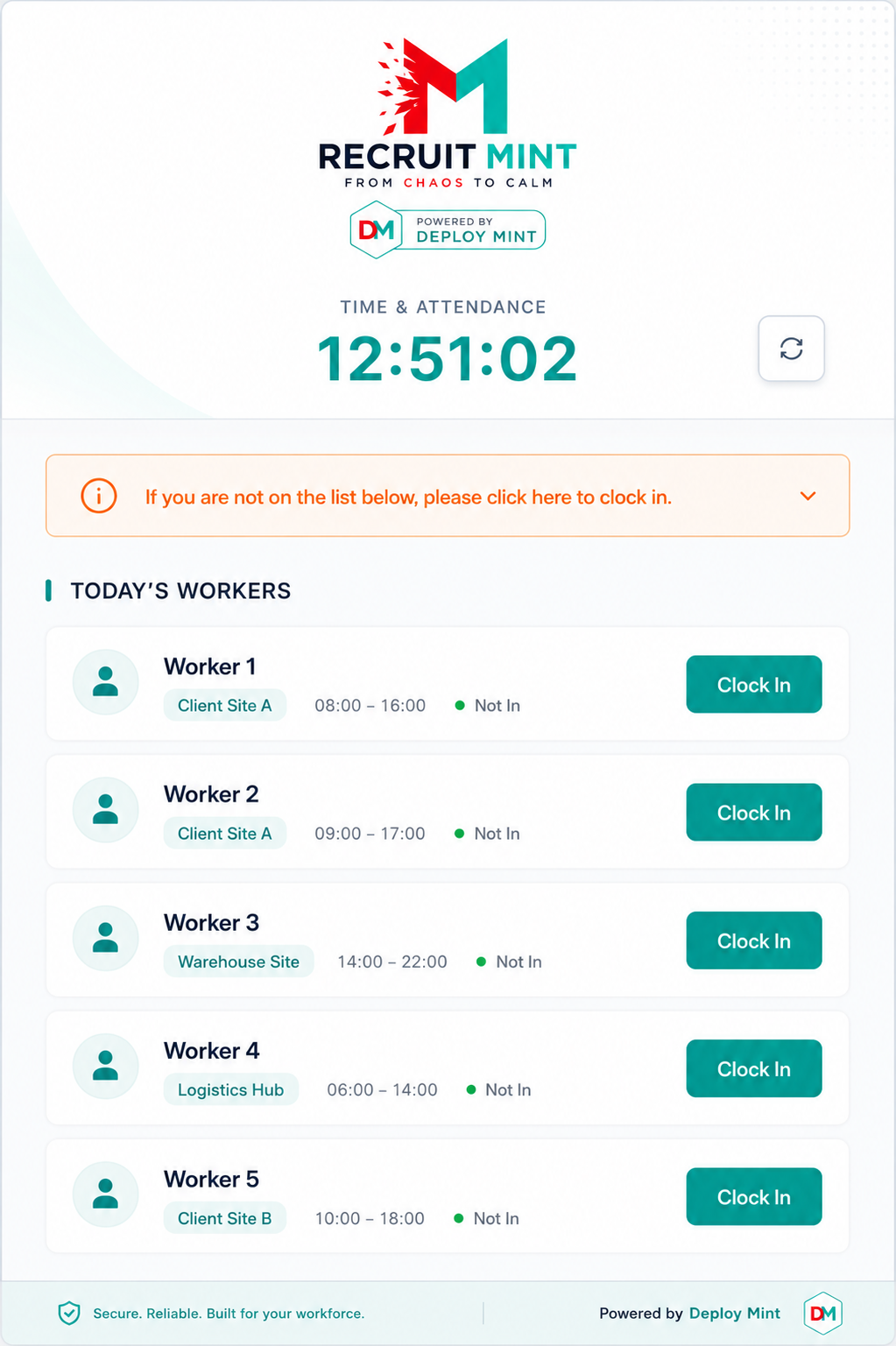 Recruit Mint powered by Deploy Mint clock-in terminal showing worker clock-in list and live time and attendance