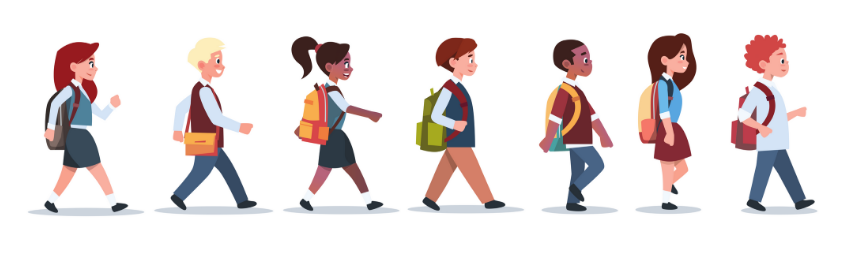 A row of schoolchildren with backpacks walking in profile on a white background.