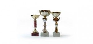 Three ornate trophies on a white background, including a large silver cup in the center.