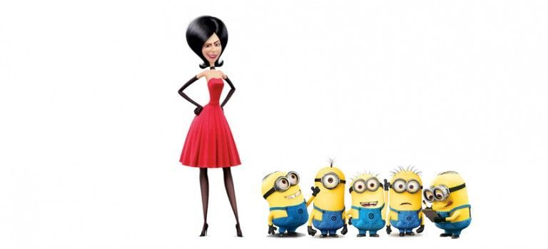 Woman in a red dress standing beside five Minions on a white background