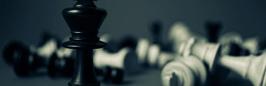 Black and white chess pieces lined up on a board, with a king in sharp focus in the foreground