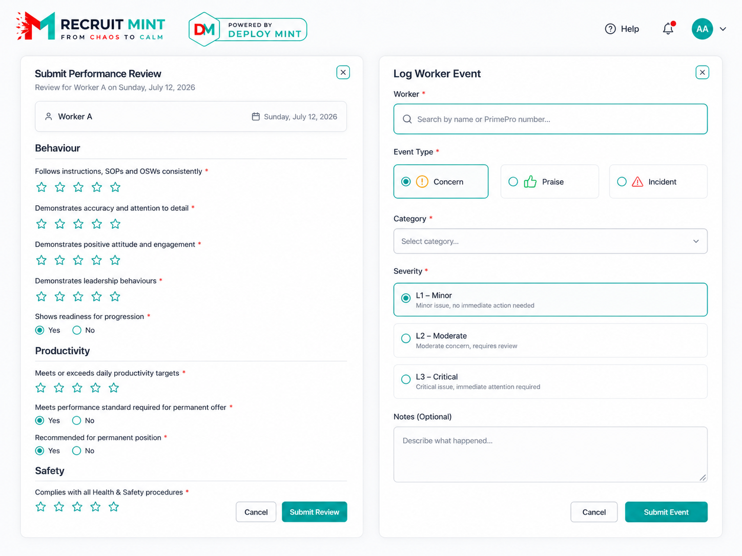 Deploy Mint worker performance review and worker event logging screens