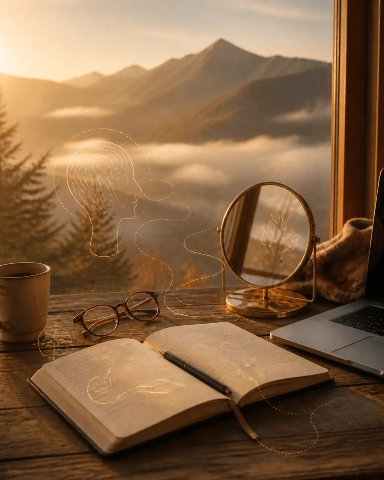 Open journal on wooden desk by window, with coffee, glasses, laptop, and misty mountains at sunrise.