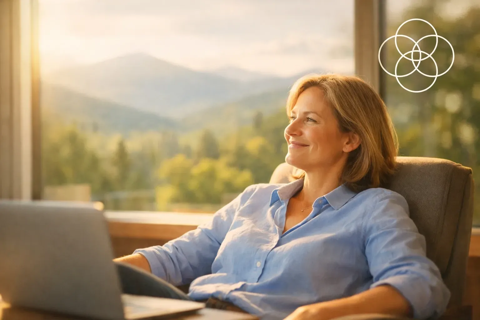 A person sits in a chair near a window, smiling and looking out at a mountain landscape with a laptop nearby.
