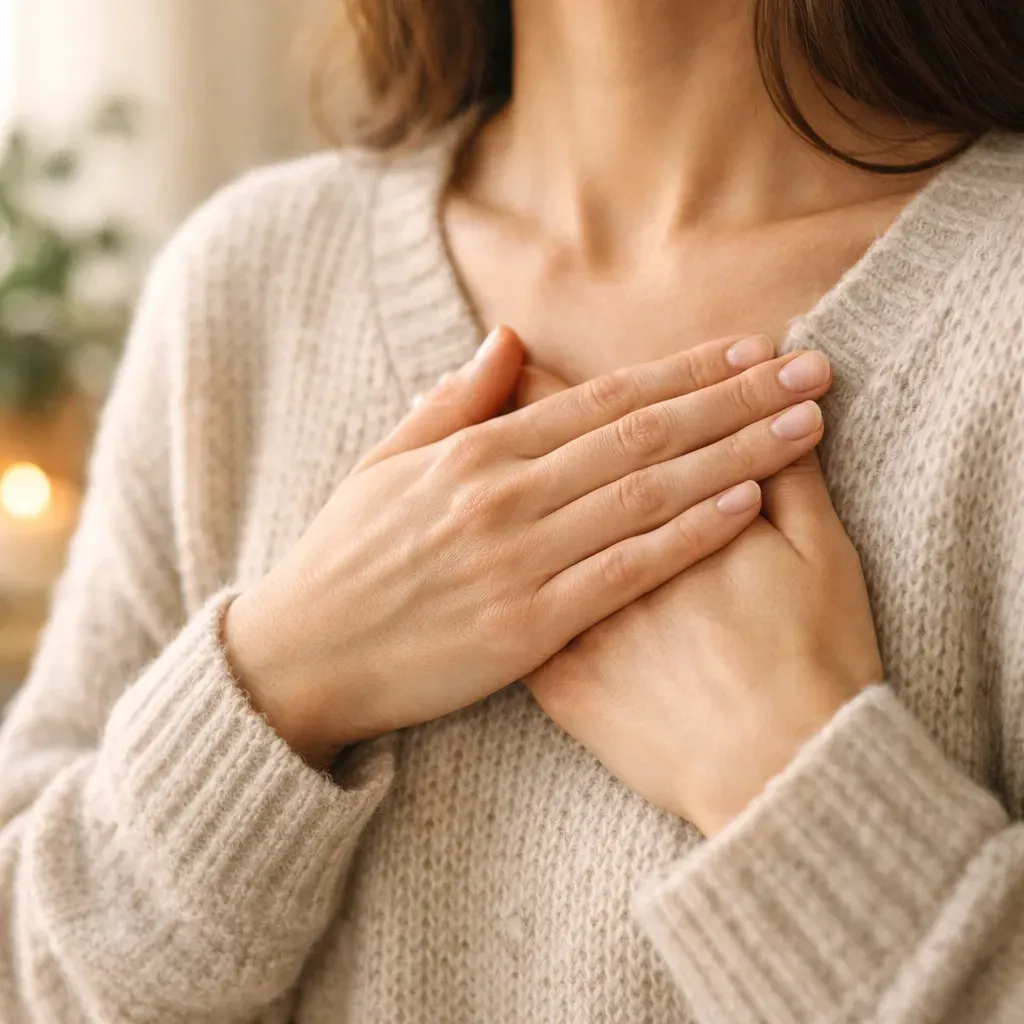 Woman holding hands over chest, wearing a beige sweater.