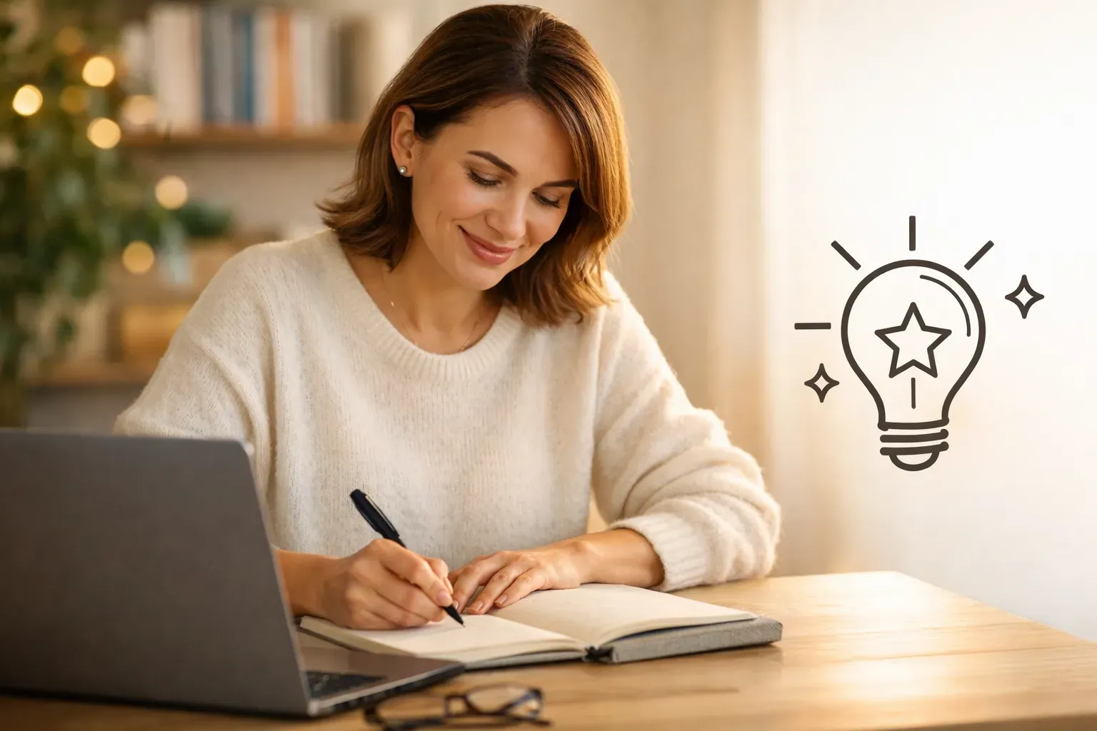 A person smiling while writing in a notebook next to a laptop, with a stylized lightbulb icon floating to the right.