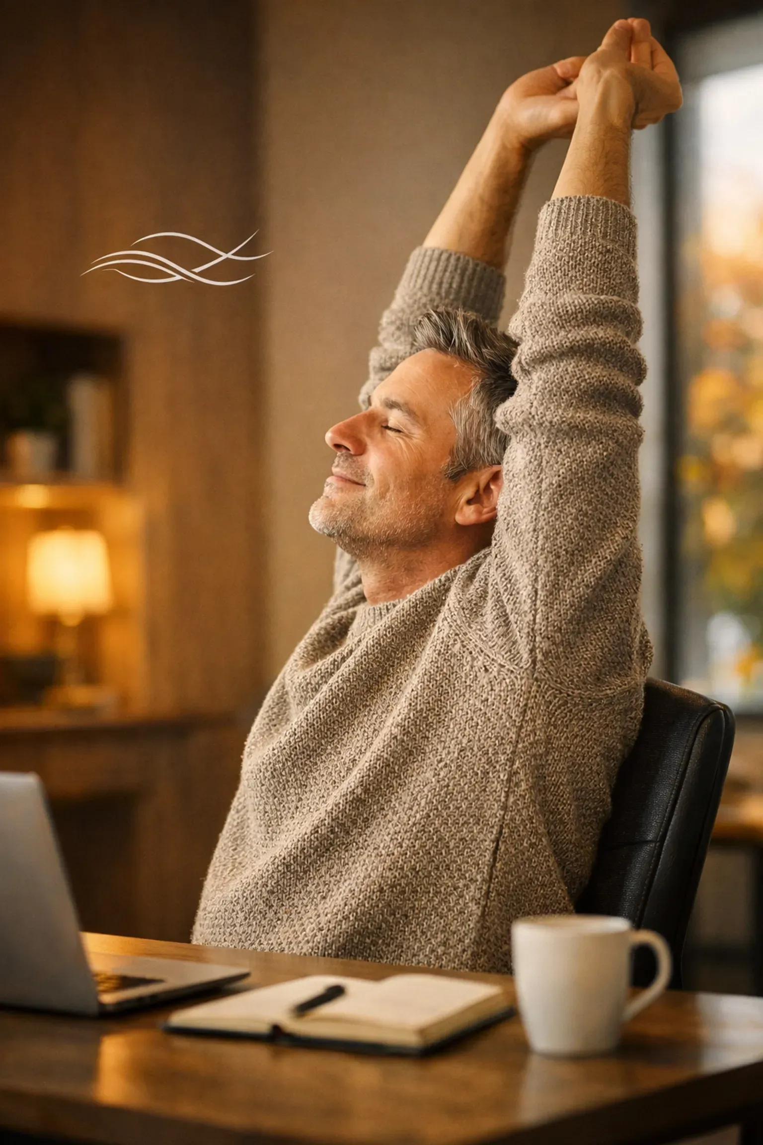 A person in a knit sweater stretches their arms upward while sitting at a desk with a laptop, notebook, and coffee mug.