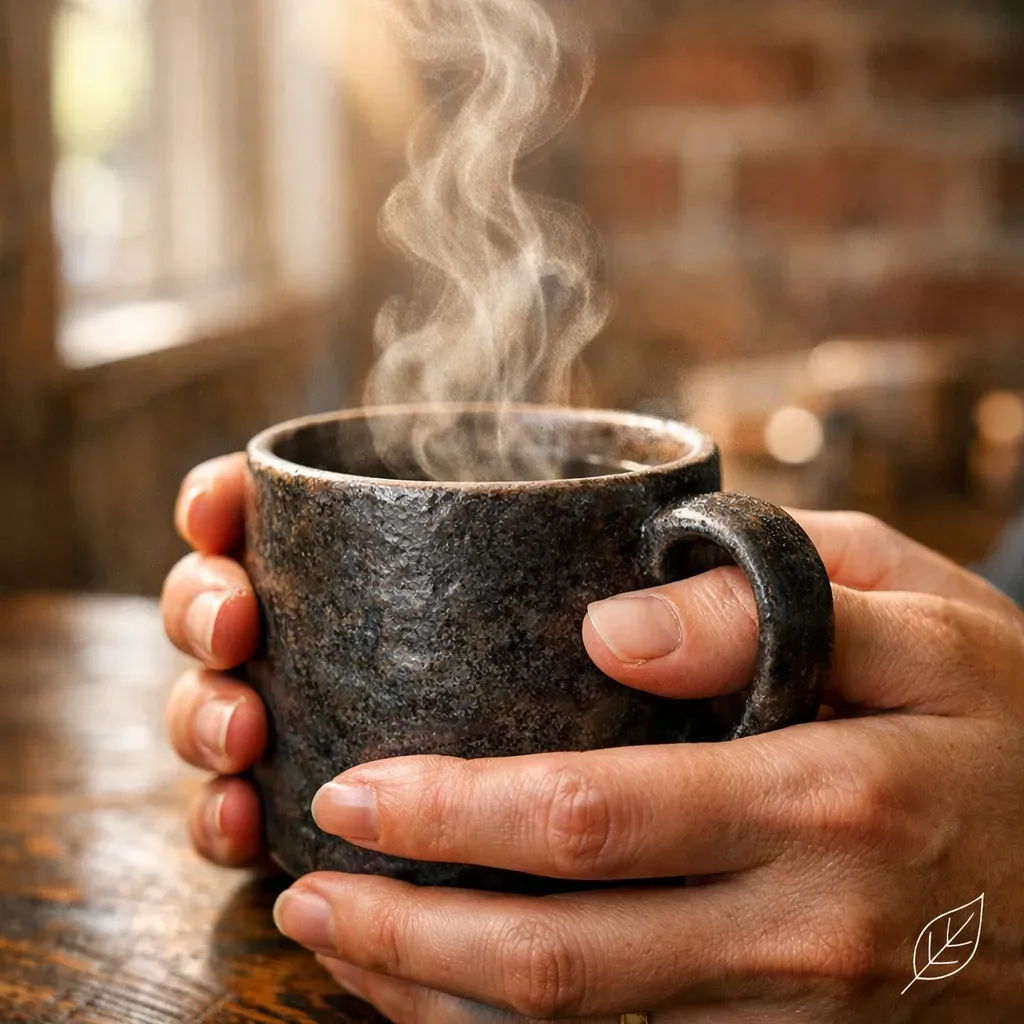 Hands holding a steaming, rustic dark ceramic mug on a wooden table, with a blurred indoor background.