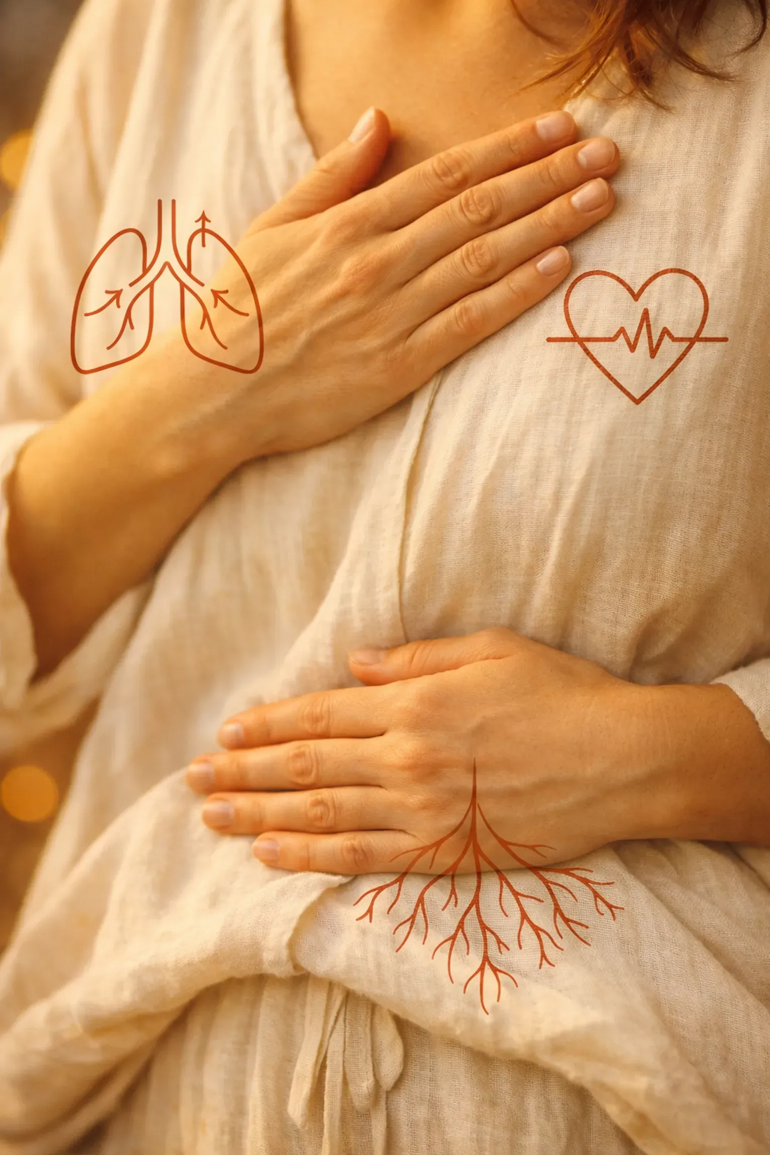 Person touching chest, with line drawings of lungs, a heart, and roots.