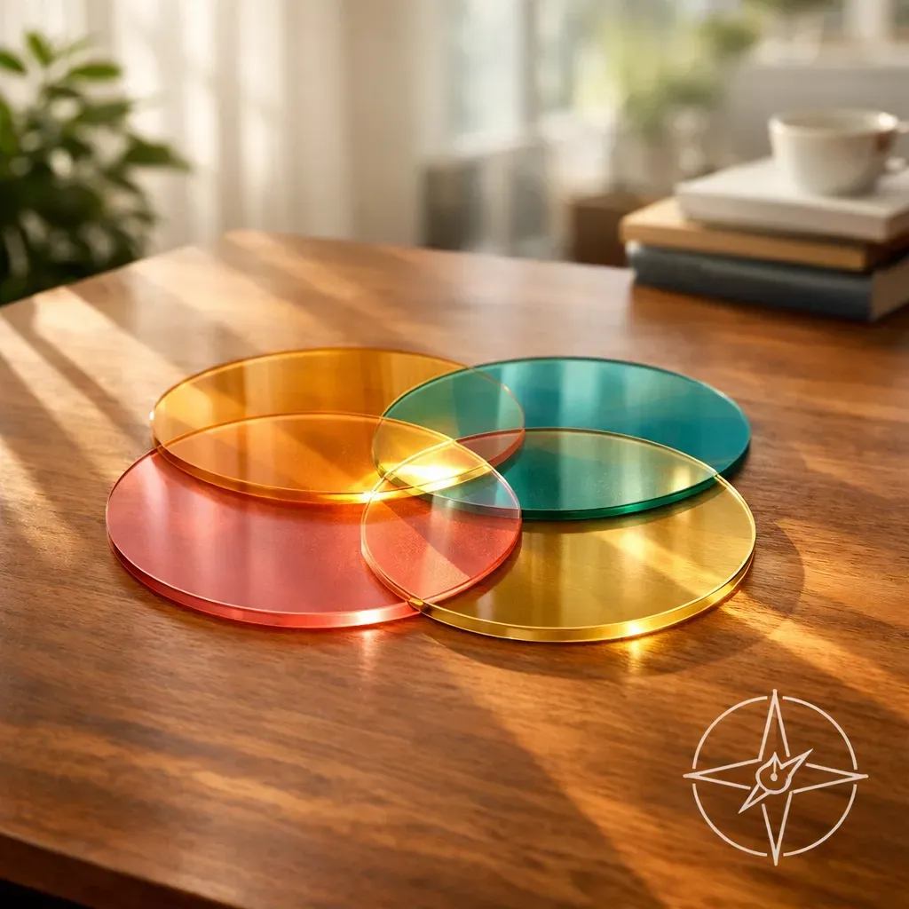 Four overlapping translucent circular coasters in orange, teal, pink, and yellow rest on a wooden table.