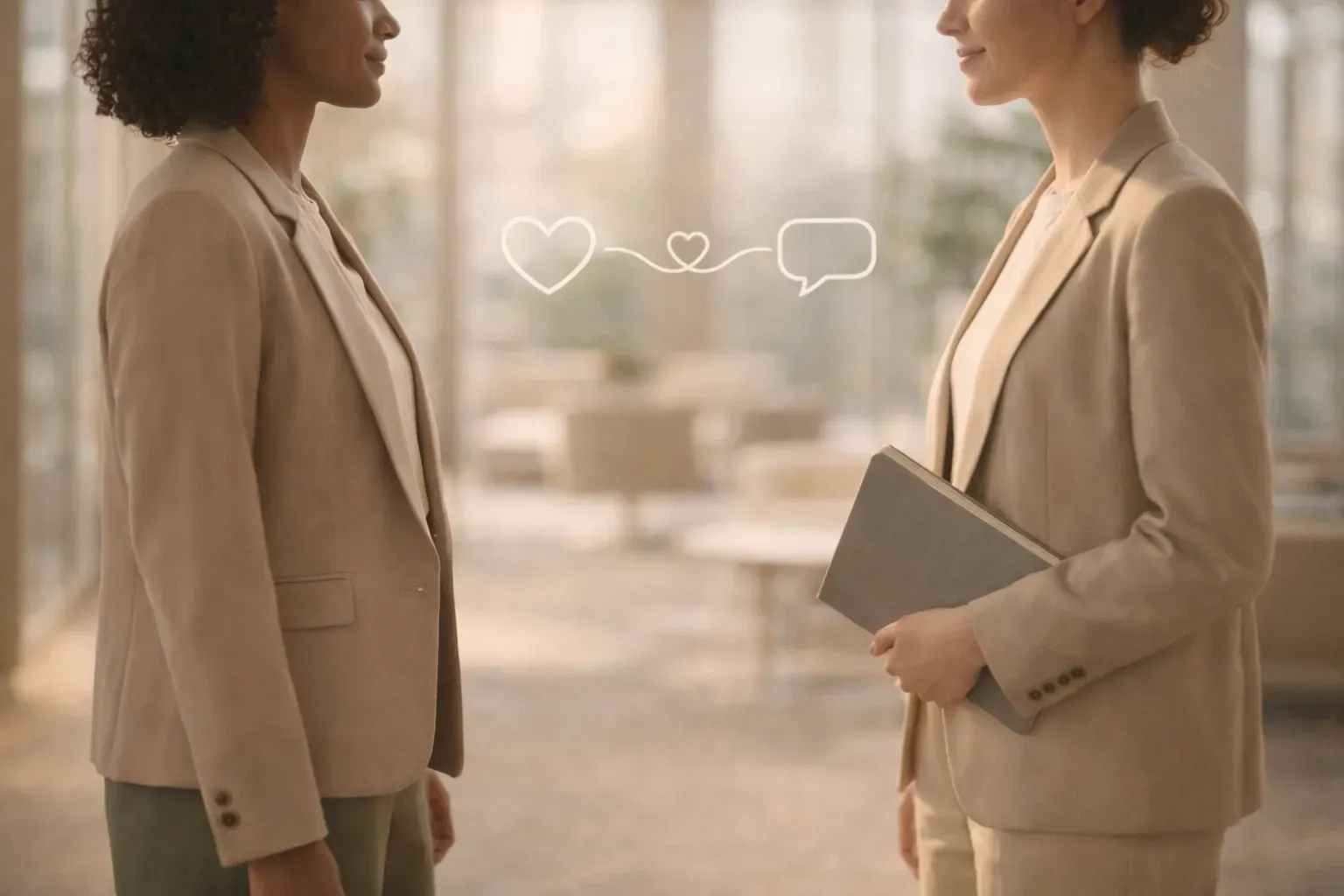 Two people in business attire converse; a heart and speech bubble connect them.