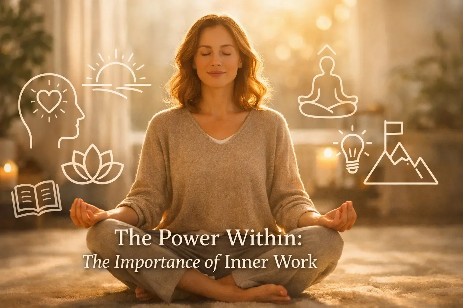 A person sitting in a meditative pose surrounded by glowing icons of symbols like a heart, lotus, and mountain goal.