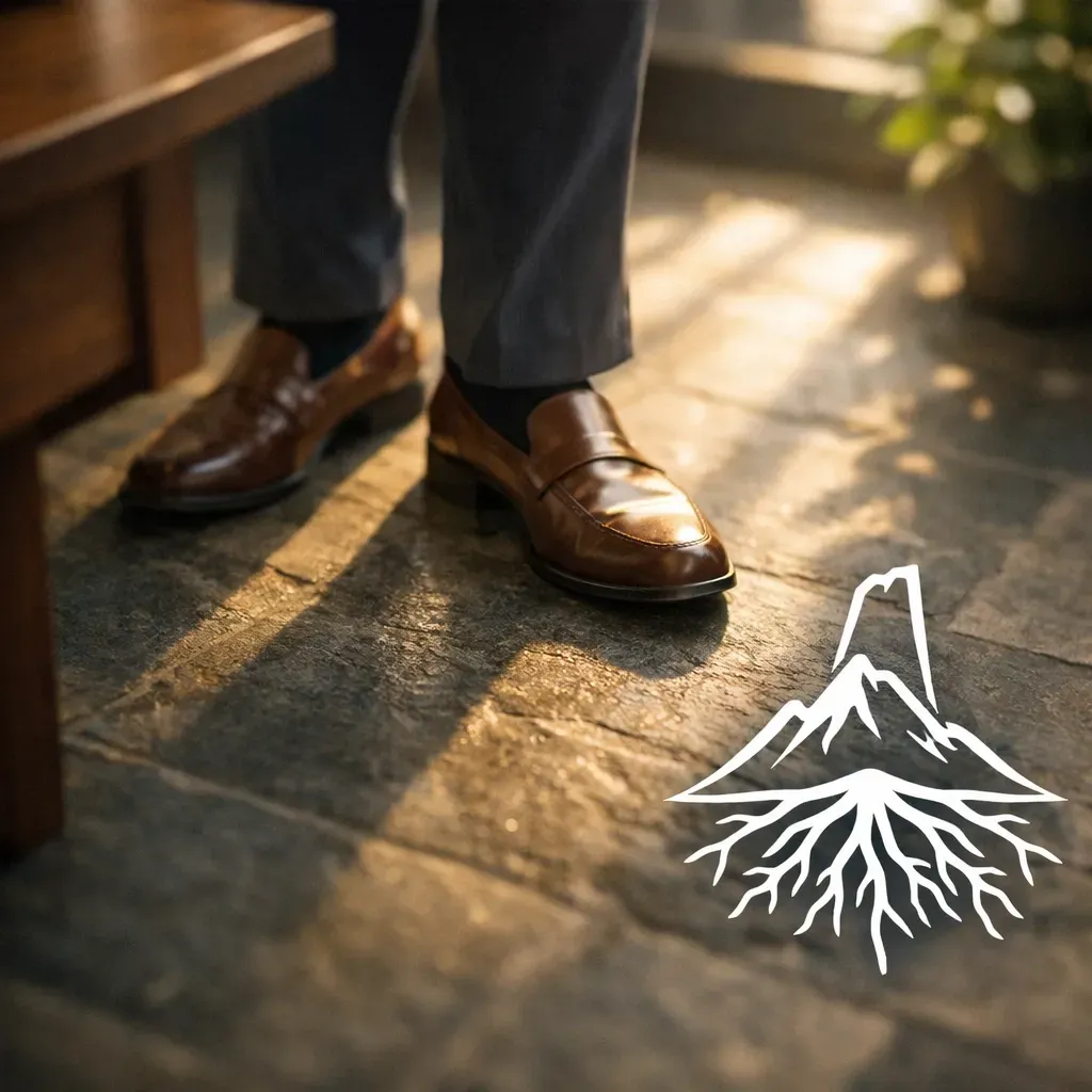A person wearing brown leather loafers stands on a stone patio at sunset, with a white mountain and root logo overlay.