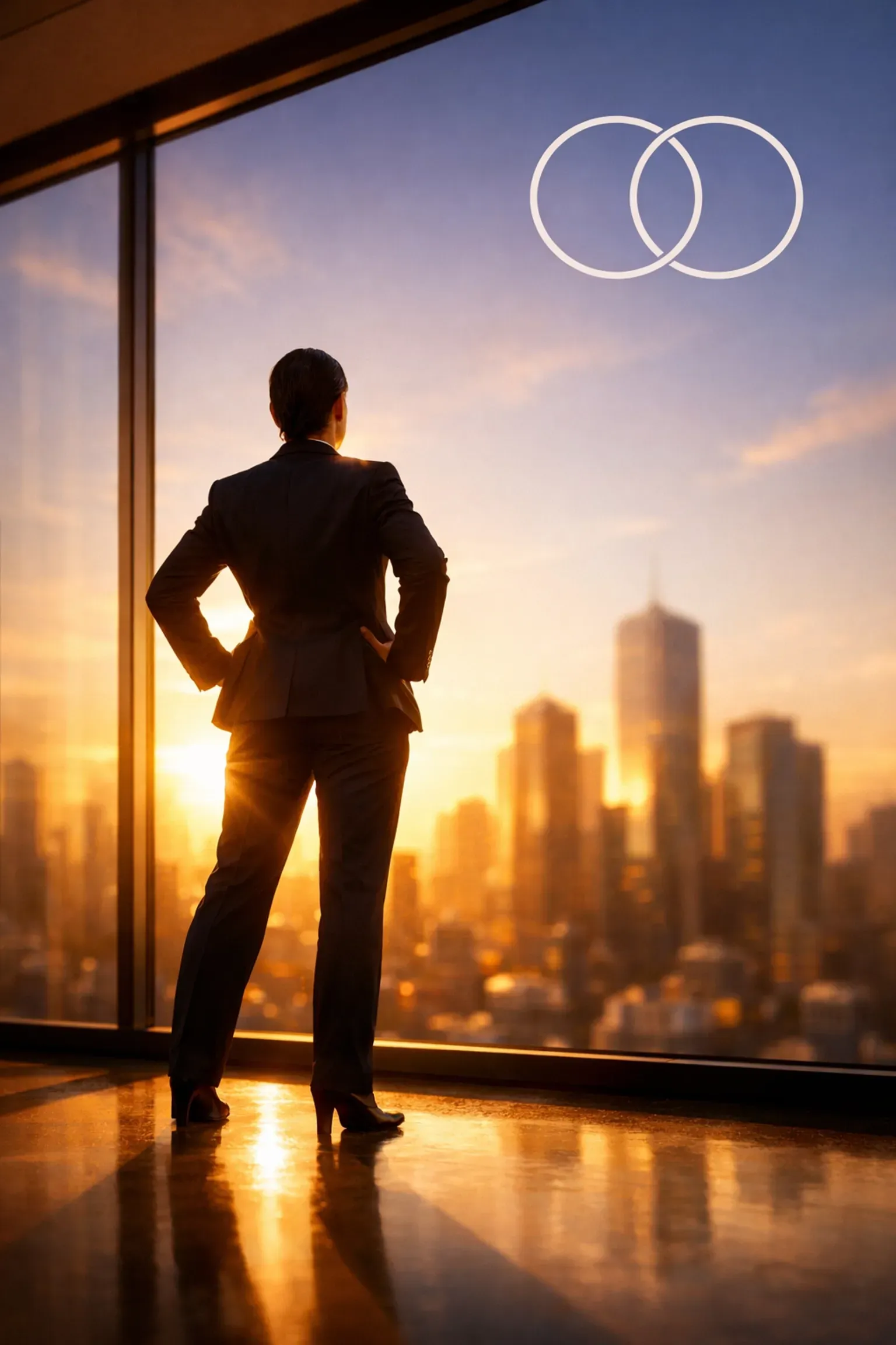 Businessperson looking out at city skyline at sunset, with two overlapping glowing rings in the sky.