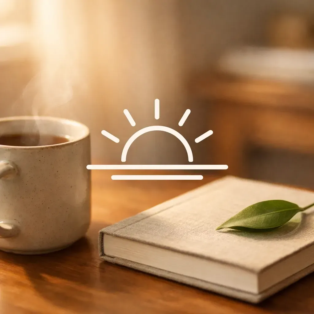 A steaming cup of coffee beside a closed book with a single green leaf on a wooden table, overlaid with a sunrise icon.