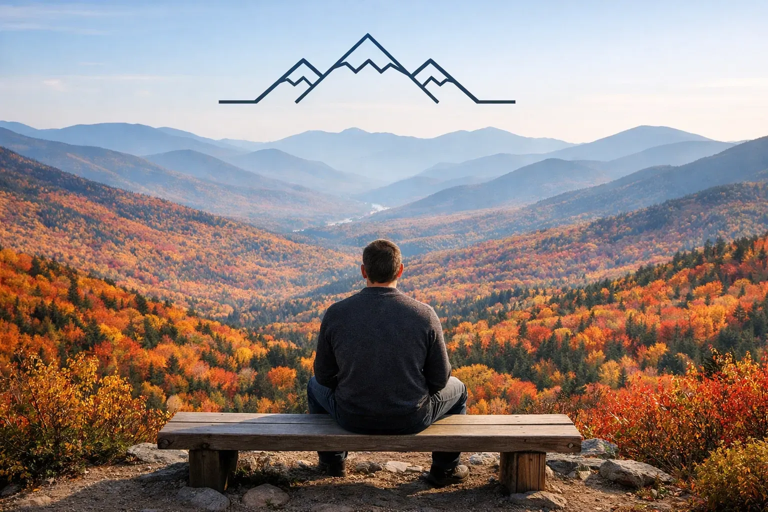 A person sits on a wooden bench looking out over a mountain valley filled with orange and red autumn foliage.