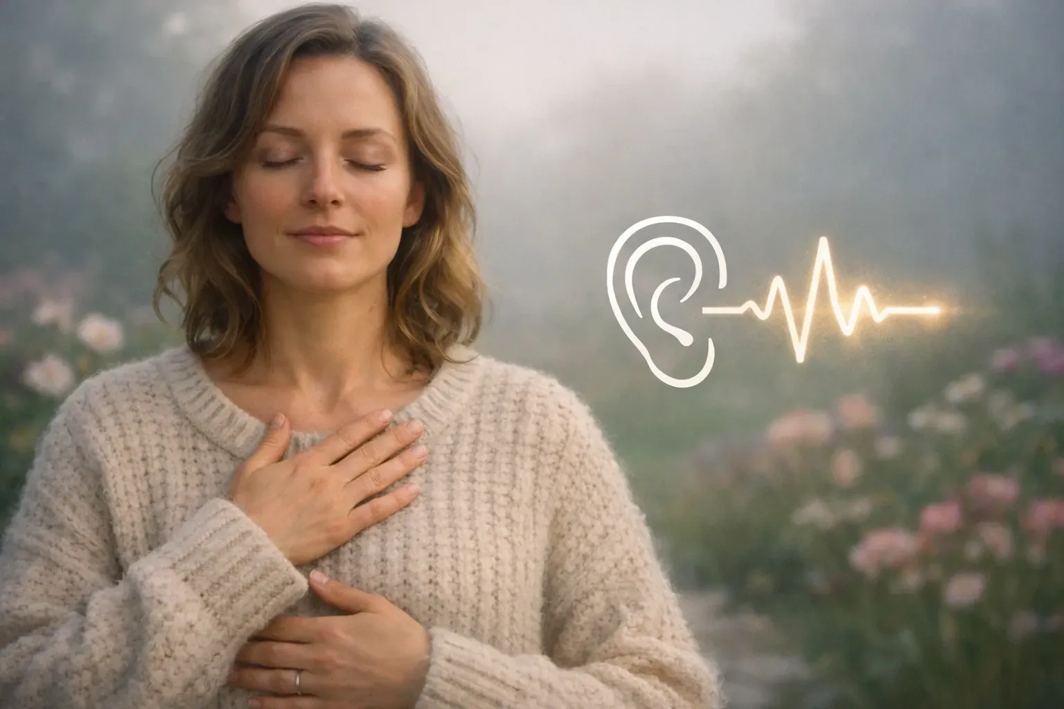 A person with closed eyes and hands on their chest in a garden, with an ear icon and sound wave graphic to the right.
