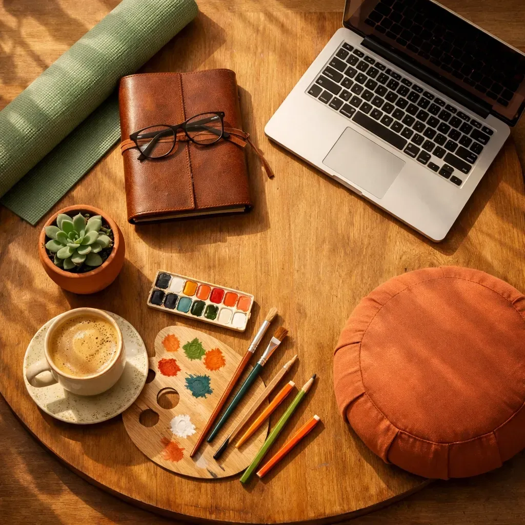 Wooden desk with a laptop, journal, art supplies, coffee, yoga mat, and meditation cushion.