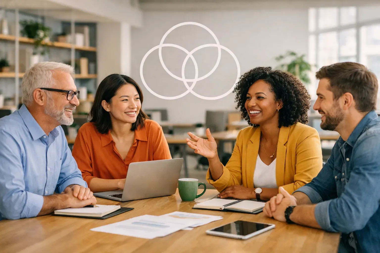 Four professionals sit around a wooden table in an office, discussing work with a Venn diagram overlay above them.