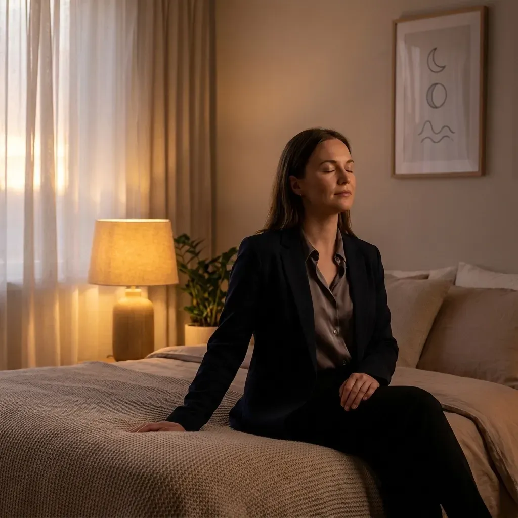 Woman relaxing at home in soft evening light, signifying evening integration and self-reflection
