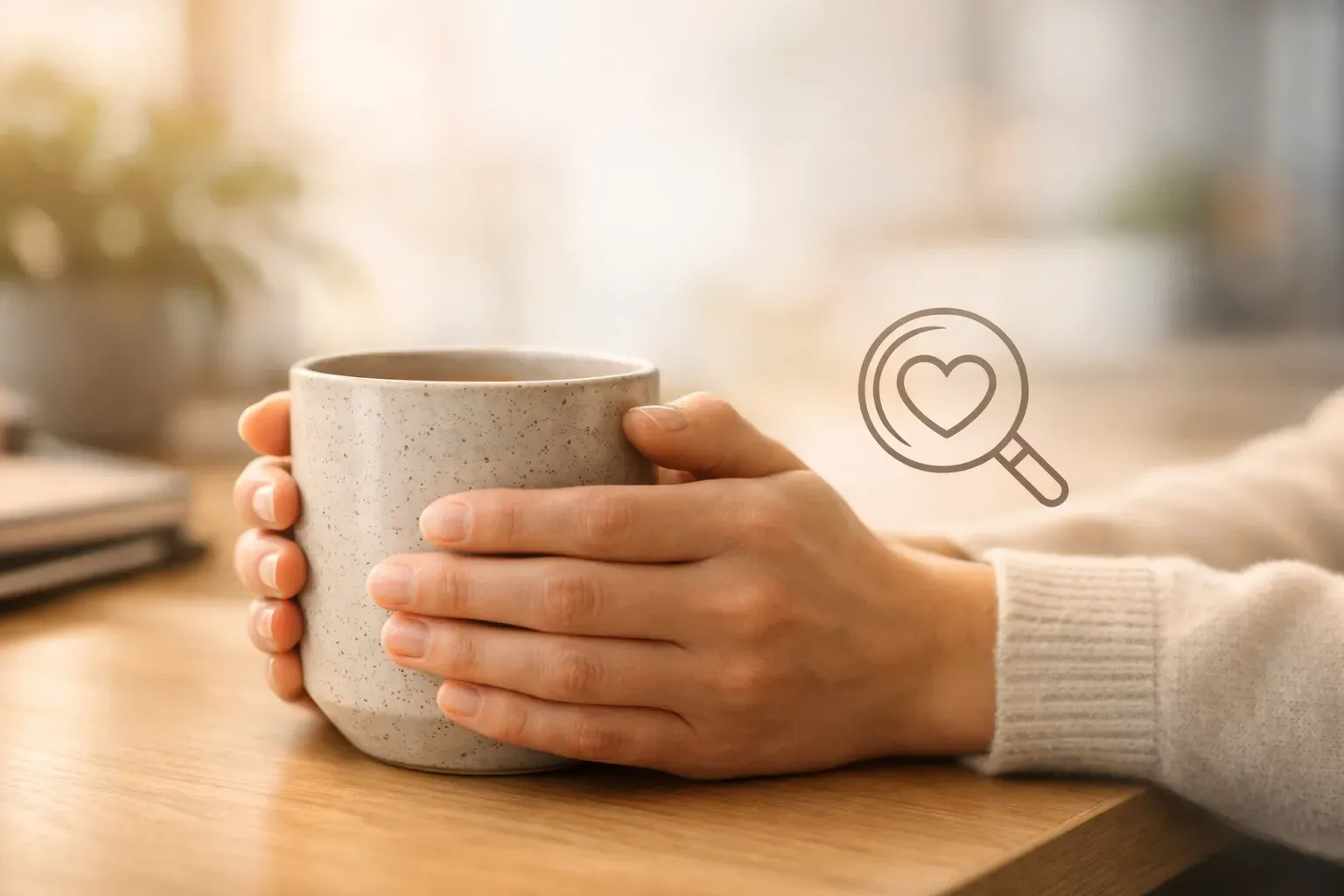 Hands holding a speckled mug on a wooden table, a magnifying glass with a heart icon floating nearby.