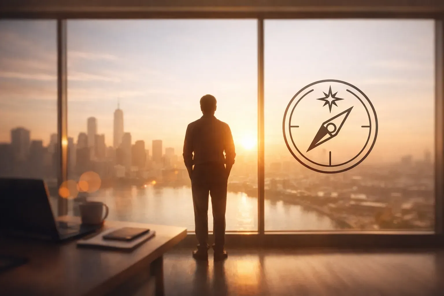 Businessman looking at city skyline through office window, compass overlay.