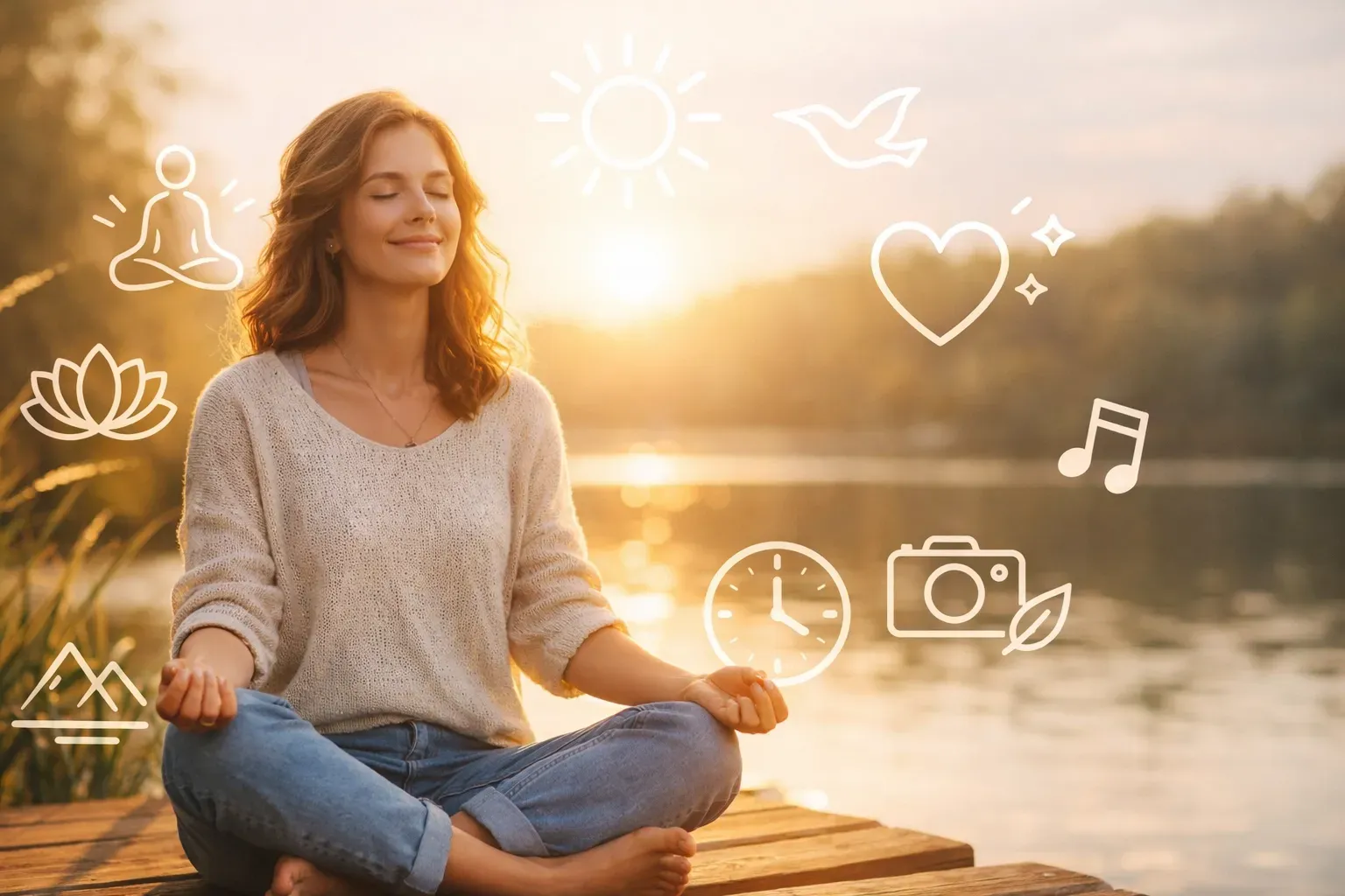 A person sits in a meditative pose on a wooden dock by a lake at sunset, surrounded by white line-art icons of nature.