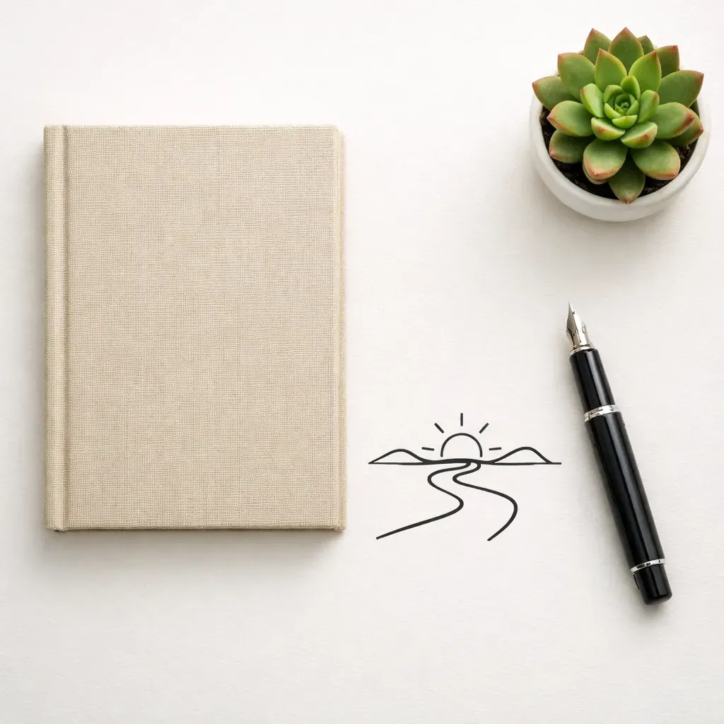 Beige journal, succulent, black pen, and sun/road sketch on white surface.