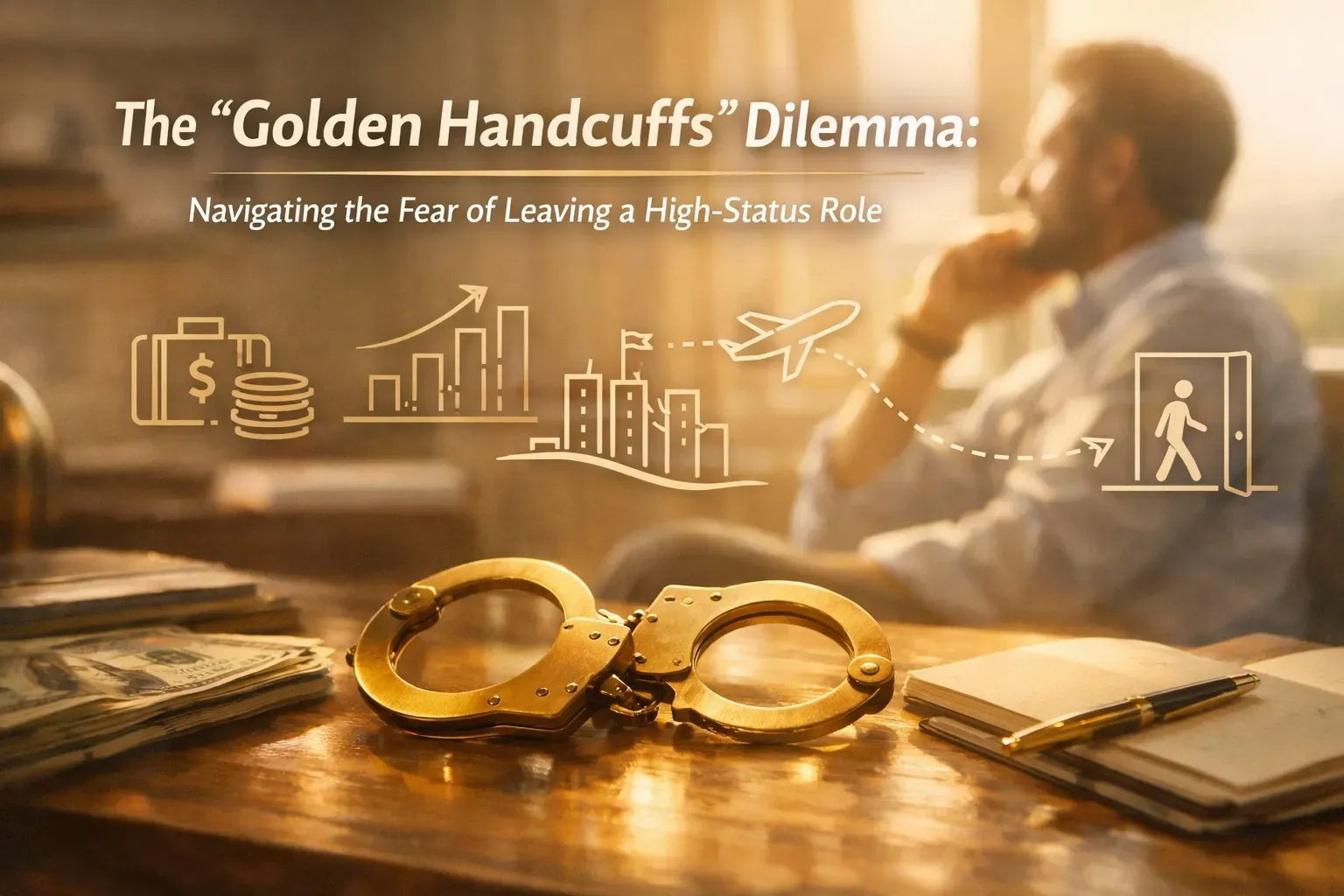 Gold handcuffs sit on a wooden desk before a blurred figure, with icons depicting career success and an exit path.