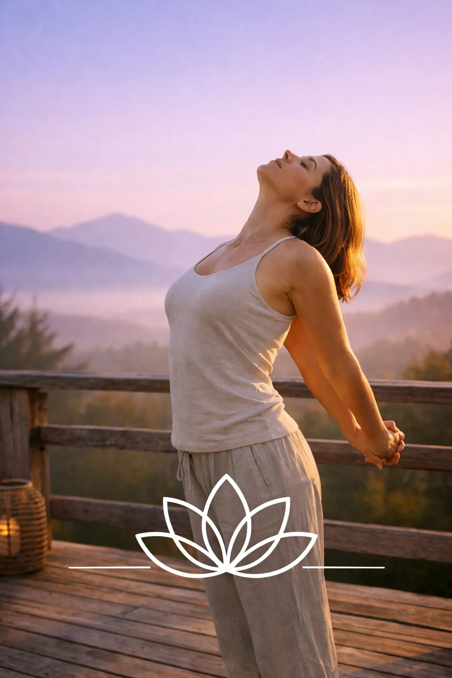 A person stretching with arms behind their back on a wooden deck overlooking misty mountains at sunrise, featuring a logo.