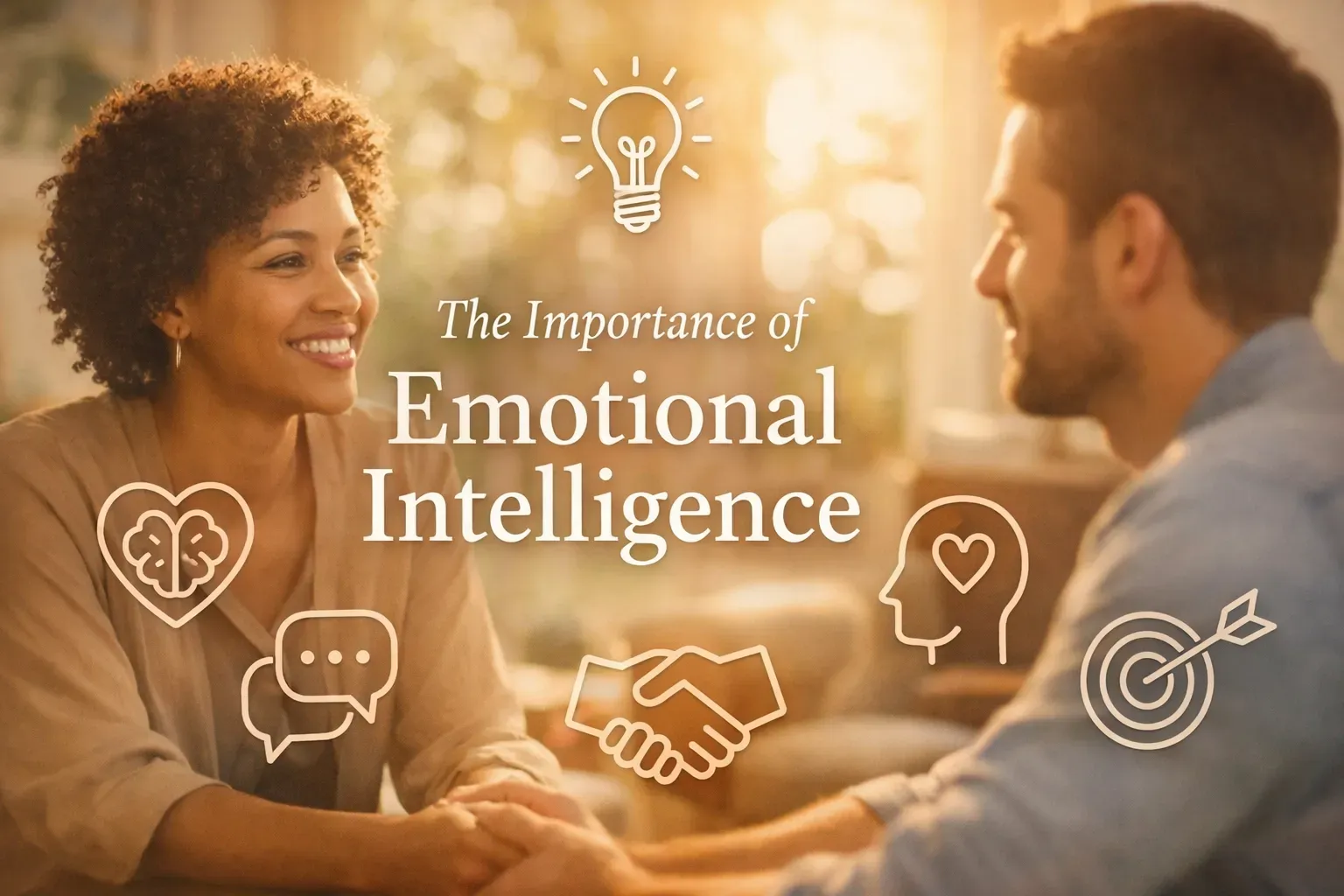 A woman and man smiling and holding hands, overlaid with icons and the text,