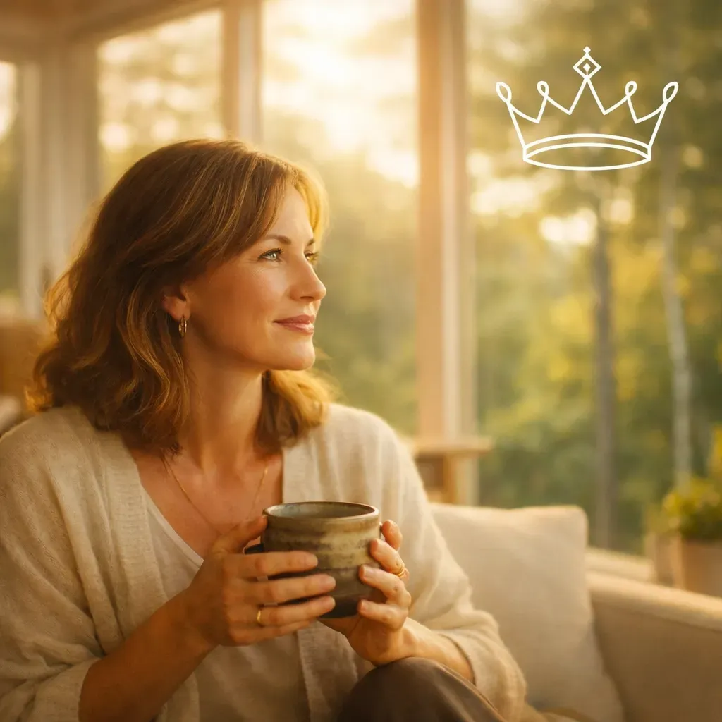 A person sits by a bright window, holding a ceramic mug and gazing into the distance, with a crown icon in the corner.