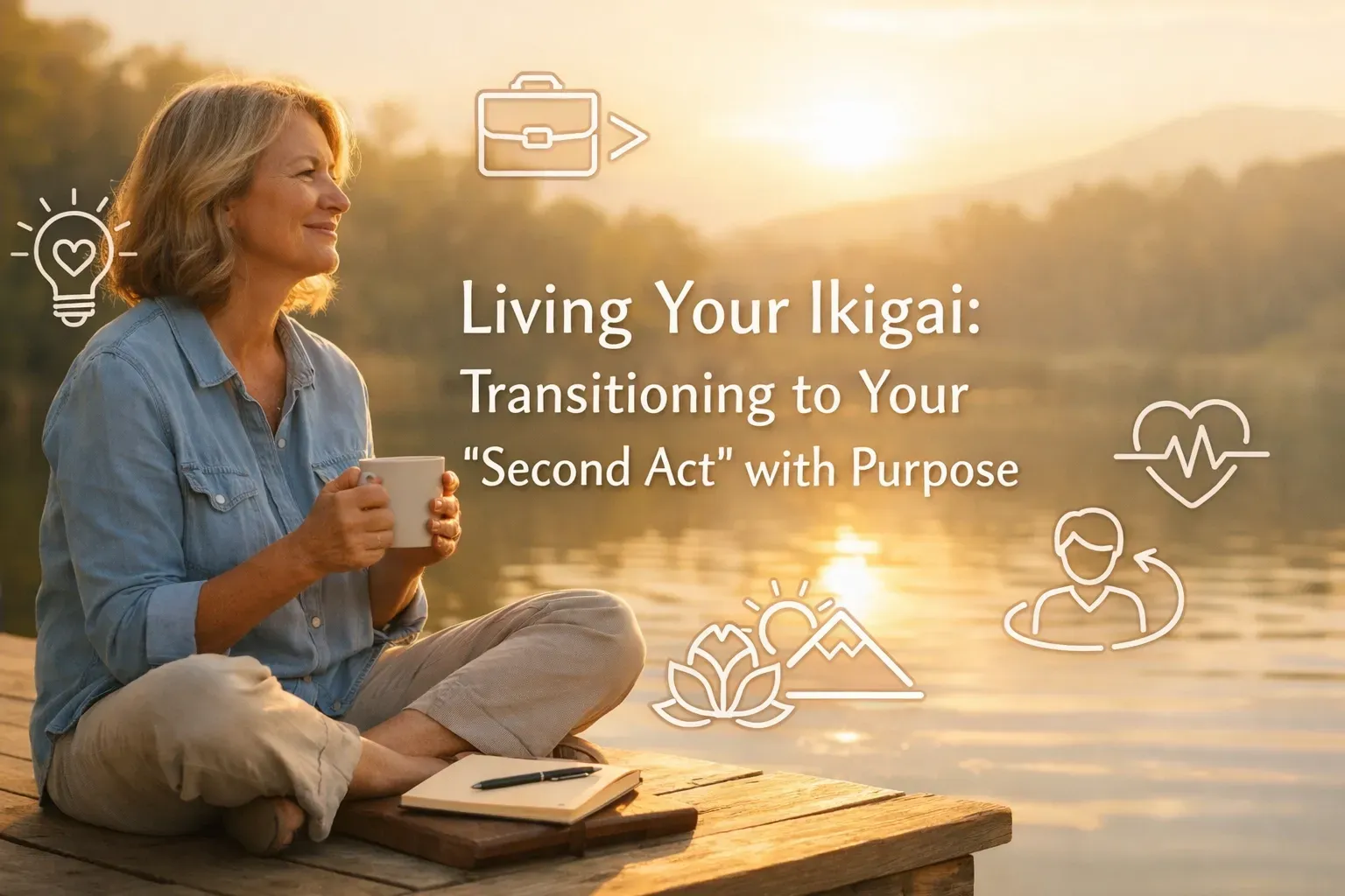 A person sits on a dock by a lake at sunrise with a coffee and notebook, overlaid with text and icons about finding purpose.