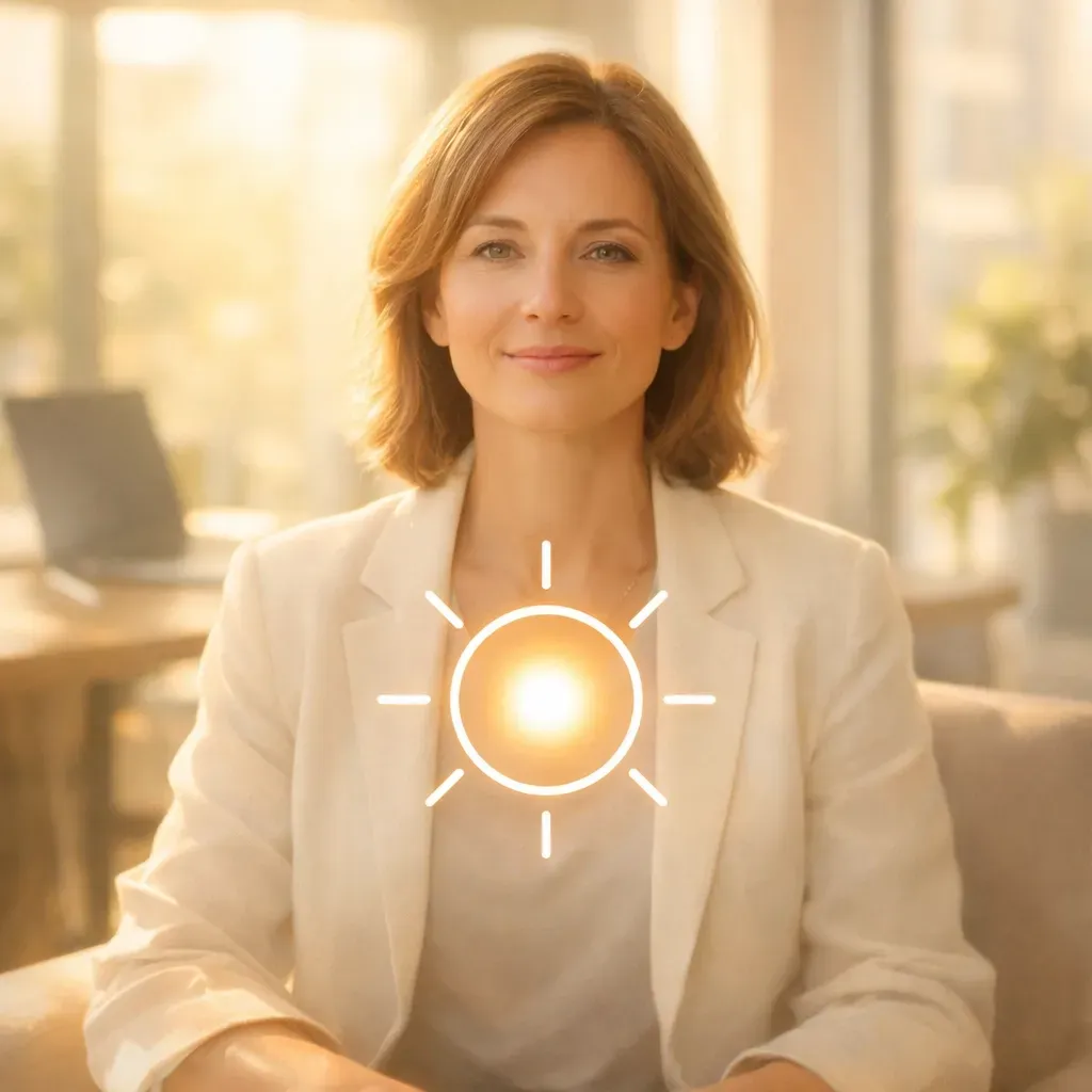 Woman in white blazer, with sun symbol overlaid on her chest, sitting indoors with sunlight.